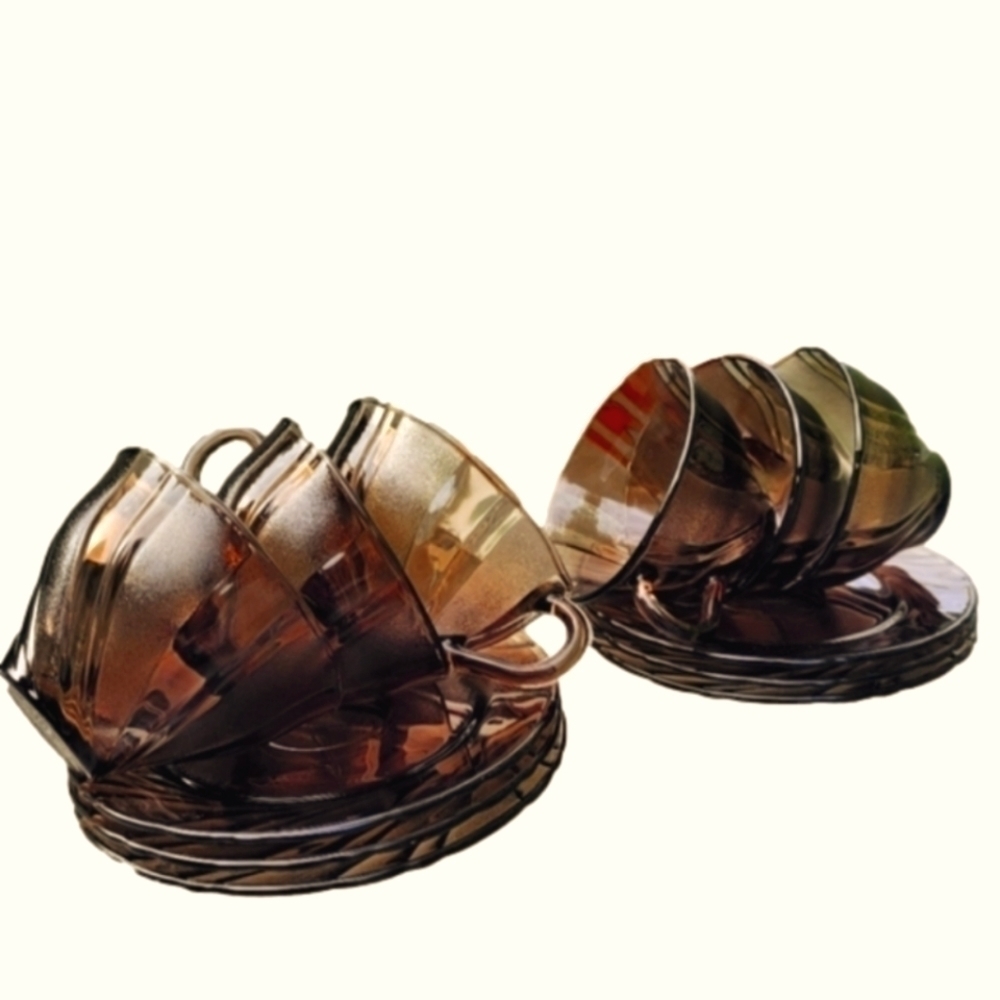 Vereco France 12 Vintage Smoked Swirl Glass Coffee/Tea Set Cups/Saucers '70s
